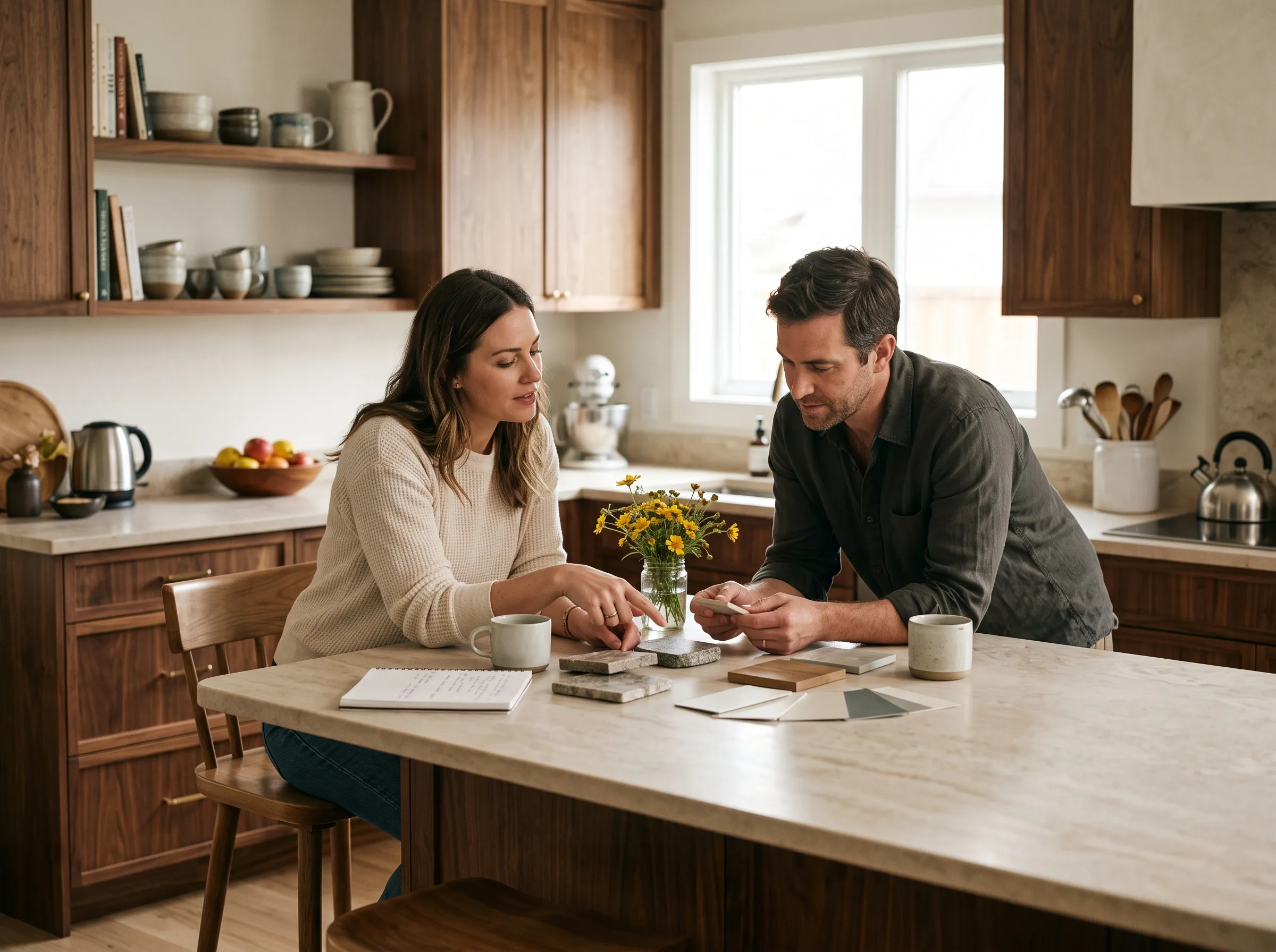 A couple reviewing plans together at a kitchen table