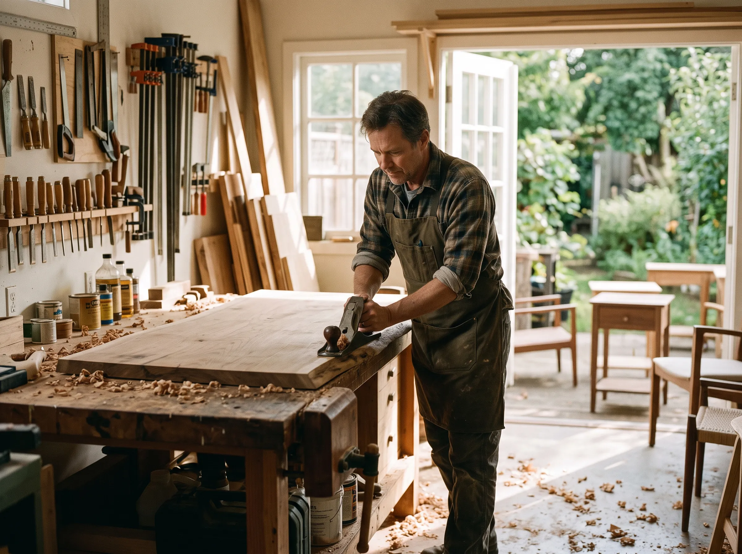 A woodworker planing a board in his home workshop