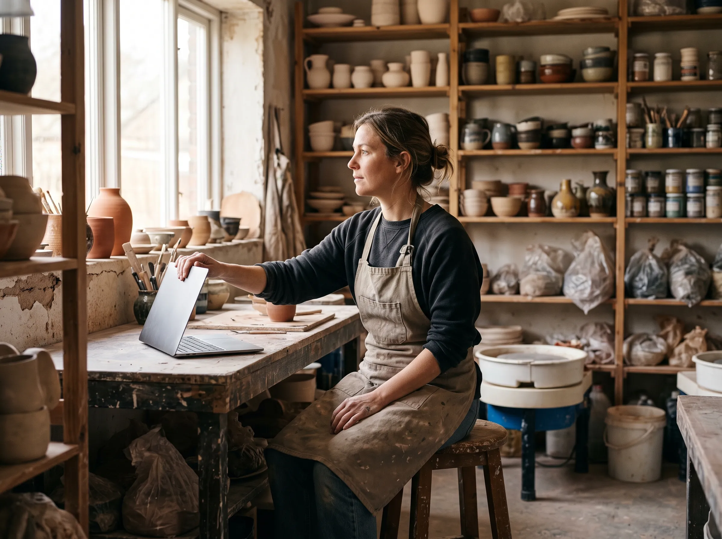 A potter working on a laptop in her ceramics studio
