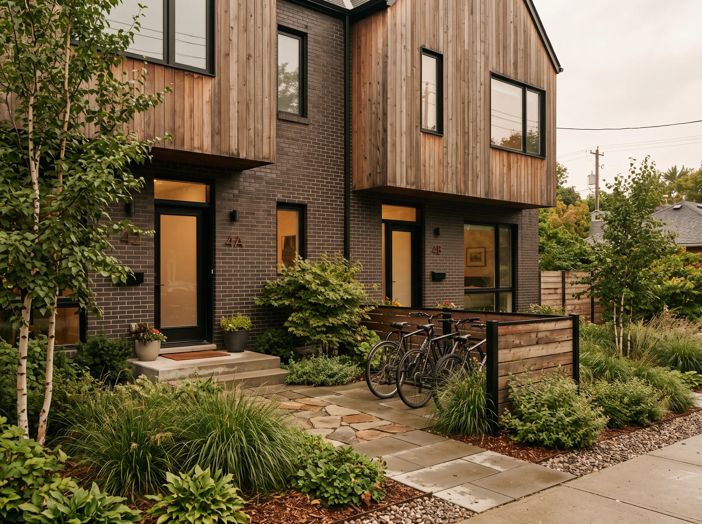 A modern brick and timber duplex rental with bicycles by the front walk