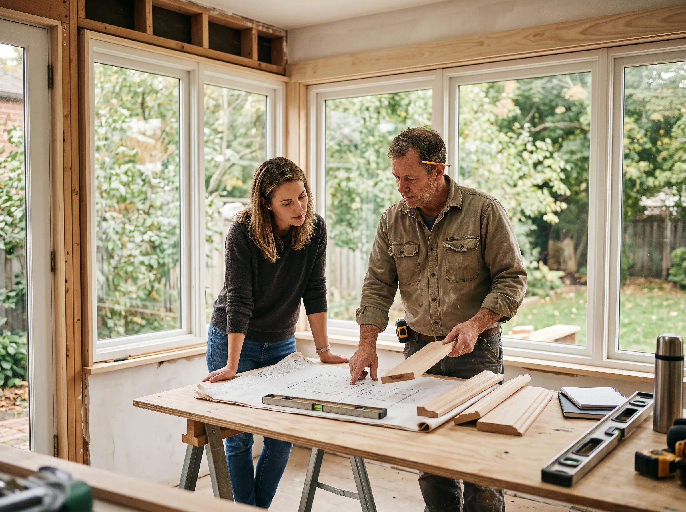 Two homeowners planning a renovation over drawings in a sunroom