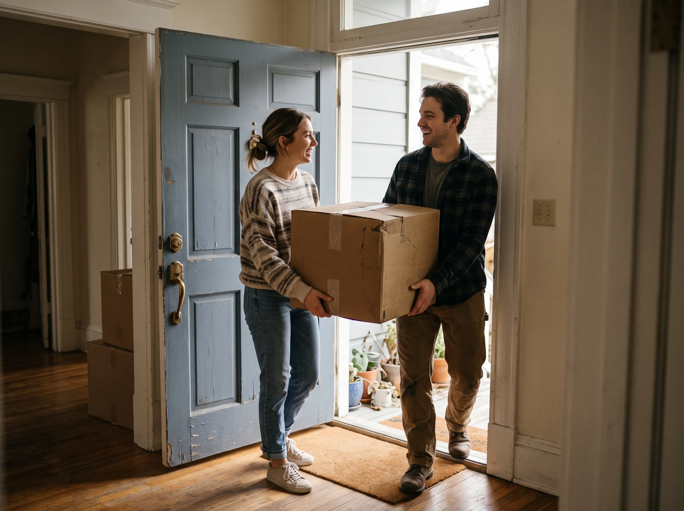 A couple carrying a moving box through the front door of their new home