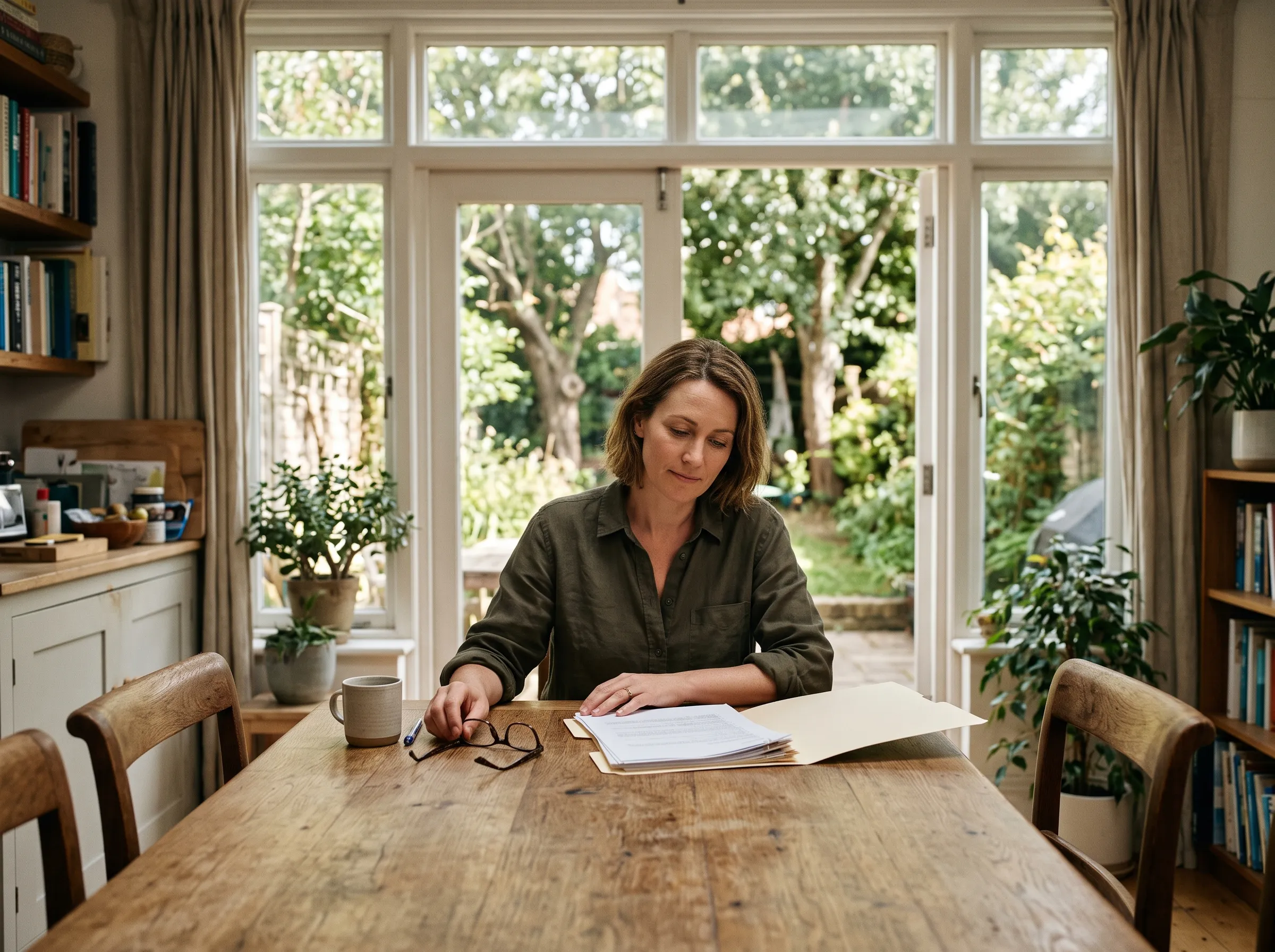 A homeowner reviewing paperwork at a kitchen table by the garden doors