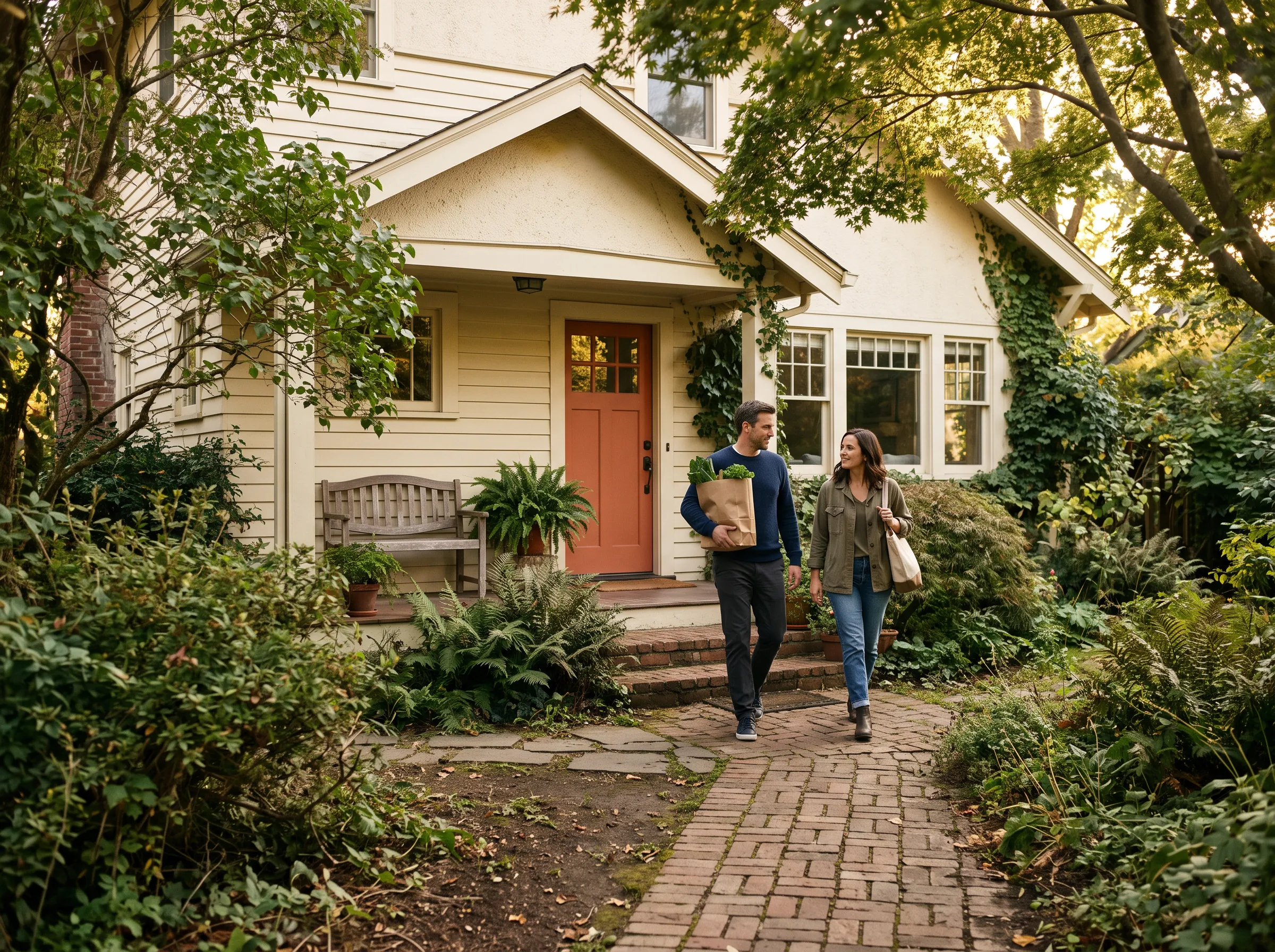 A family home with a front porch and garden