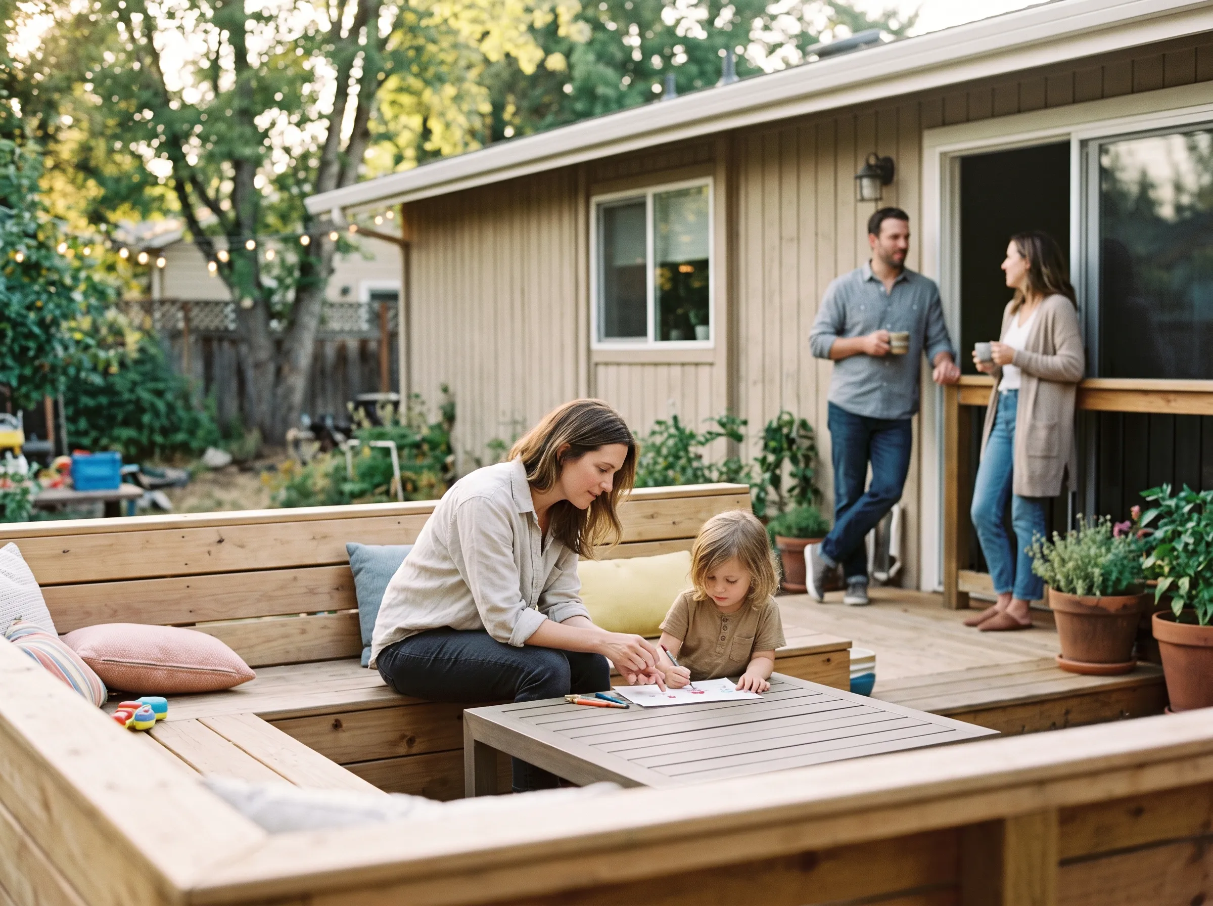 A family relaxing on the deck of their backyard