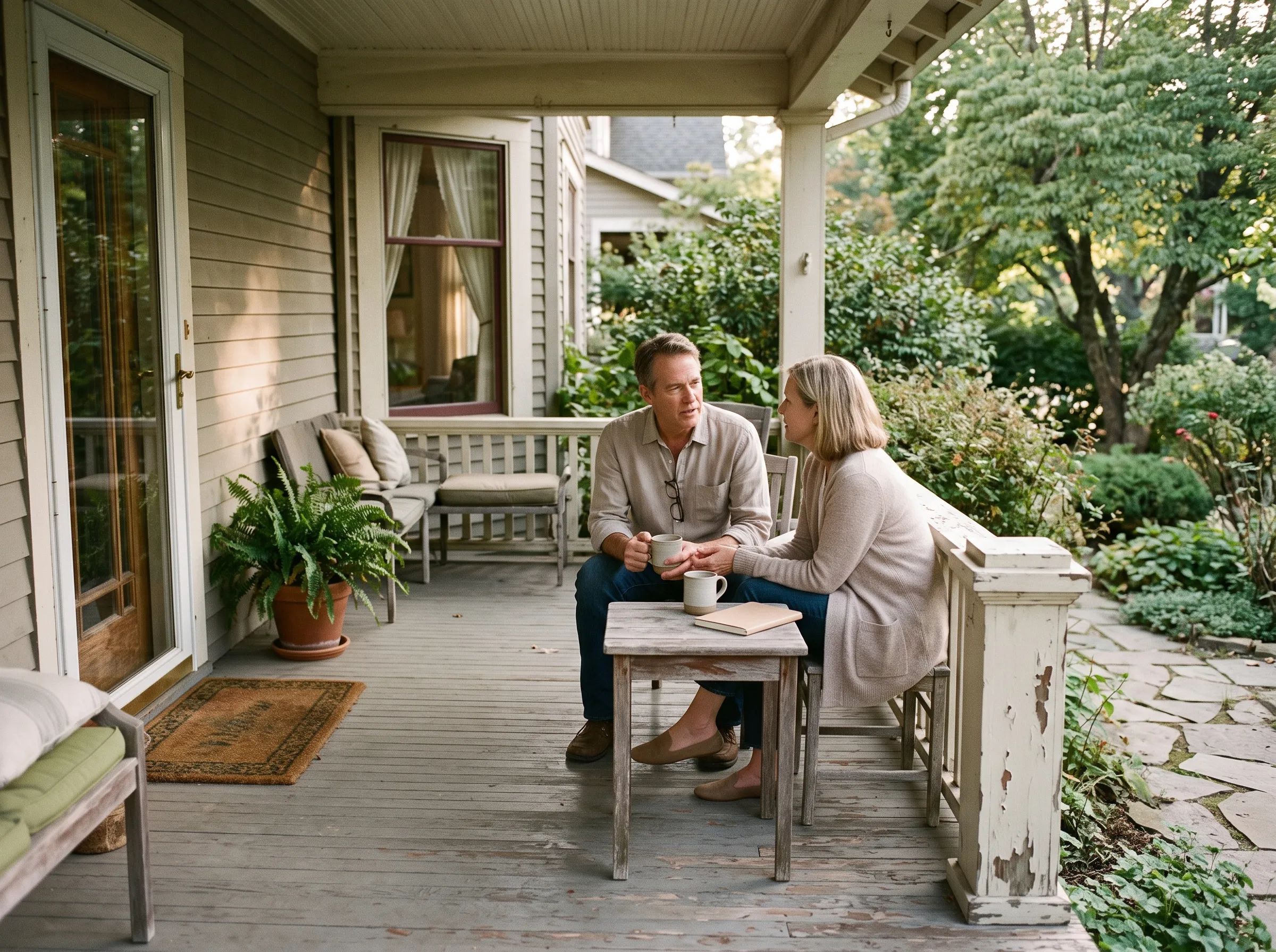 A couple talking over coffee on their front porch