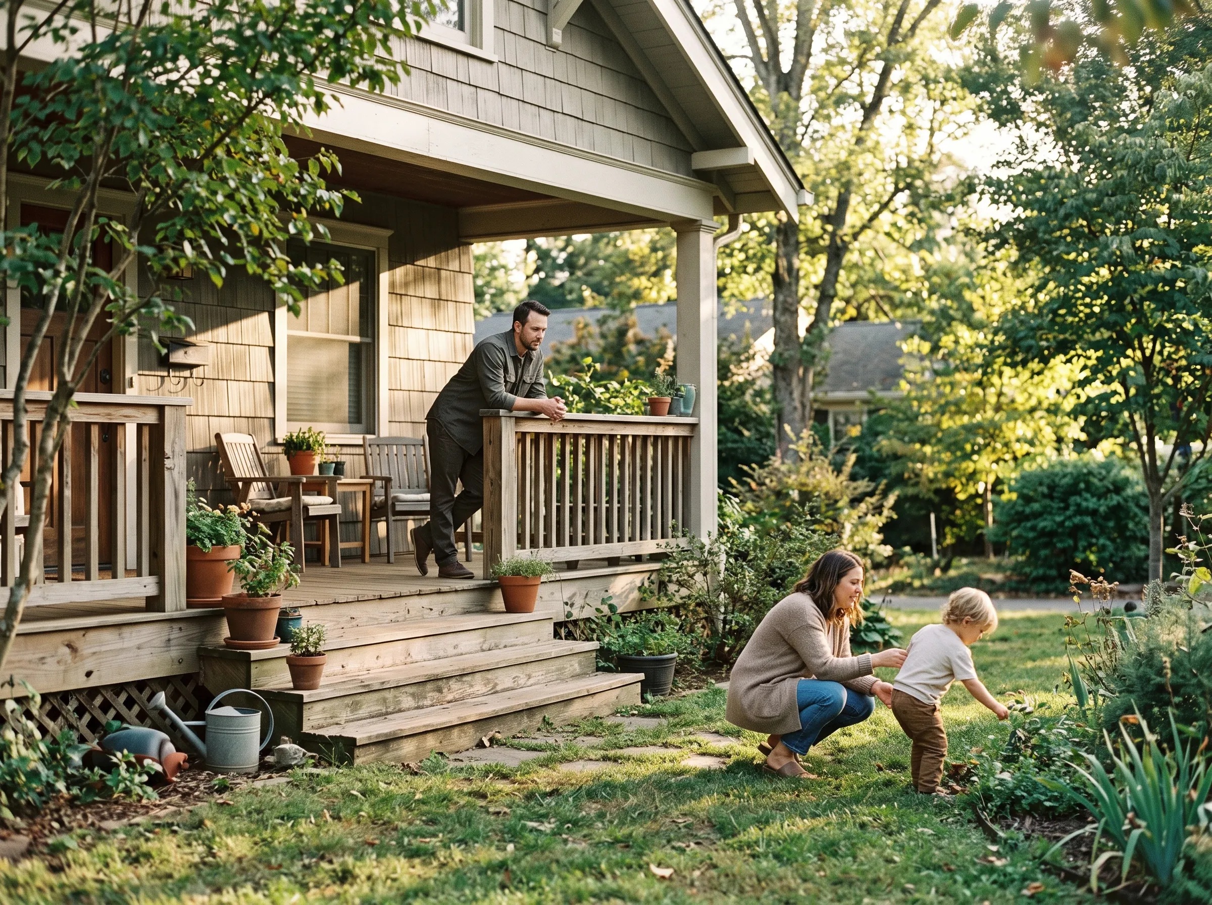 A family gardening in front of their craftsman-style home